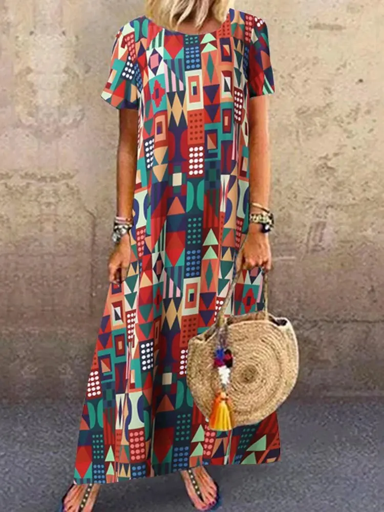 

Gothic Geometric Printed Long Dress Vintage Colorful Plaid Patch A-line Short Sleeve Casual Exotic Dresses Female Clothing
