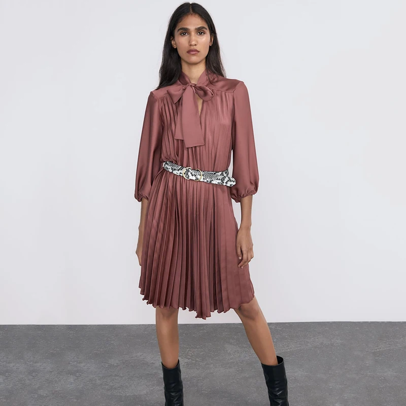 Женское плиссированное платье-водолазка ZA однотонное платье с