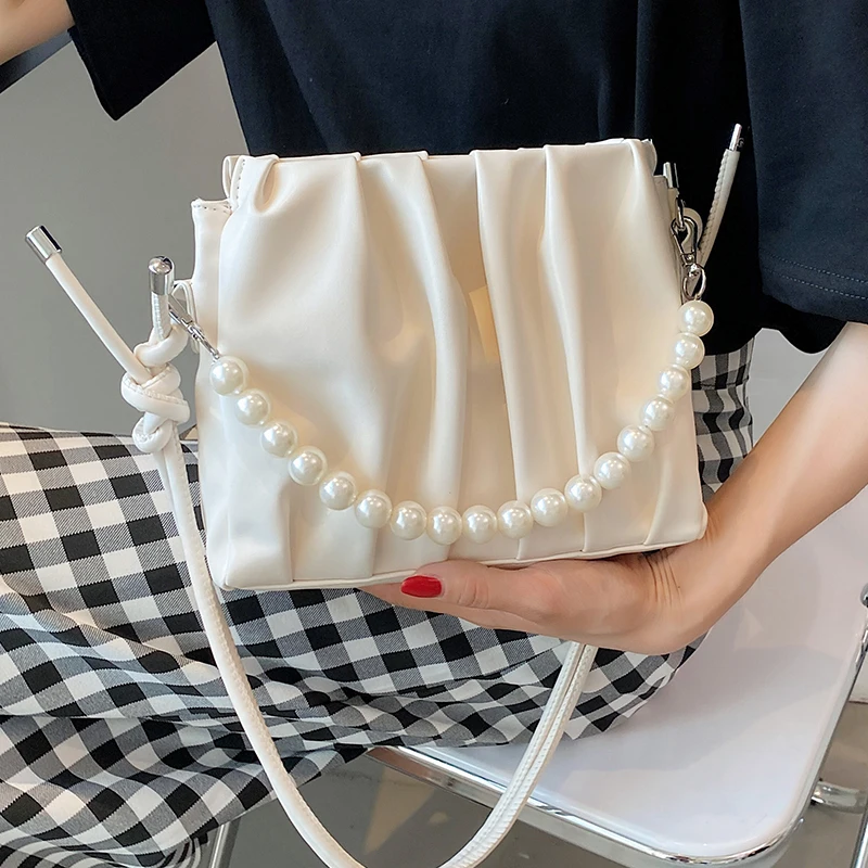 

Small Leather Pleated Shoulder Bags for Women Pearl Designer Tote Crossbody Bags Lady Simple Square Messenger Bag White Handbags
