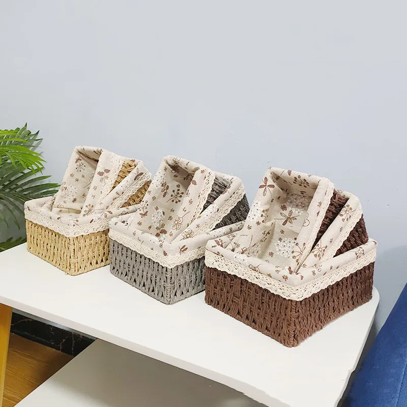Hand made Storage Basket Rattan Woven Fabric Tabletop Coffee Table Sundries Toy Key Basket Cosmetics Storage Box Snack Basket