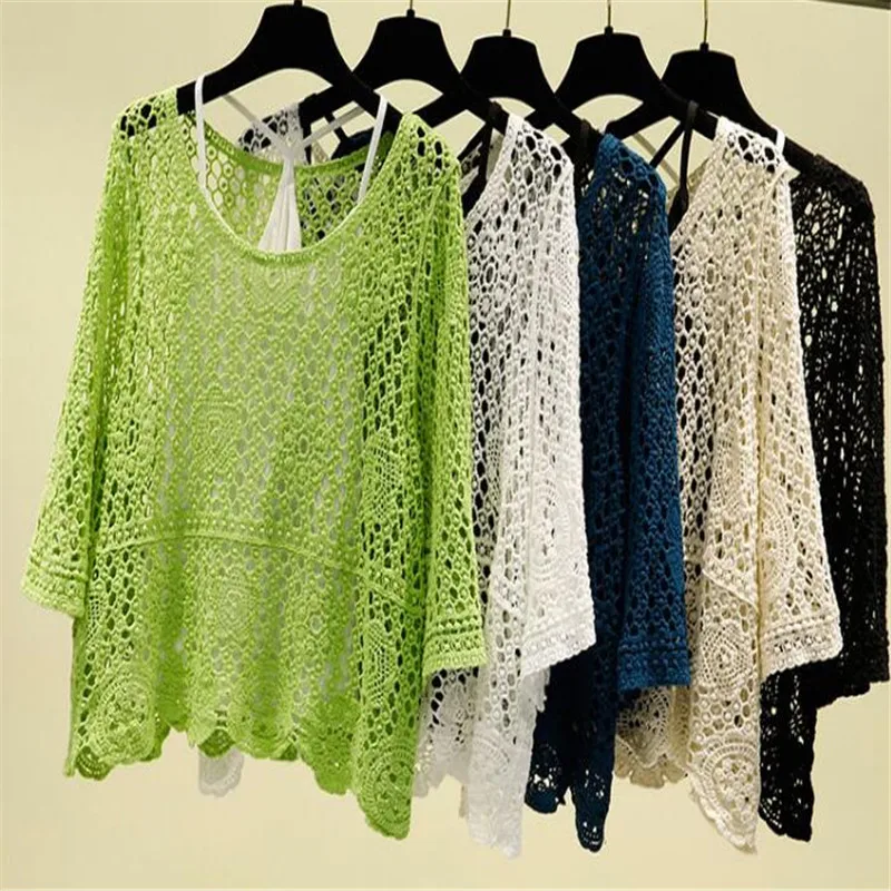 

fashion Spring thin seven-point sleeve sweater sun protection hollow loose tops women 2020 new female 2-piece suit pullover