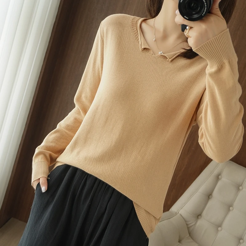 

Spring And Summer New Style 100% Pure Cotton Long-Sleeved Sweater Women's V-Neck Pullover Korean Loose Blouse Bottoming Jumper