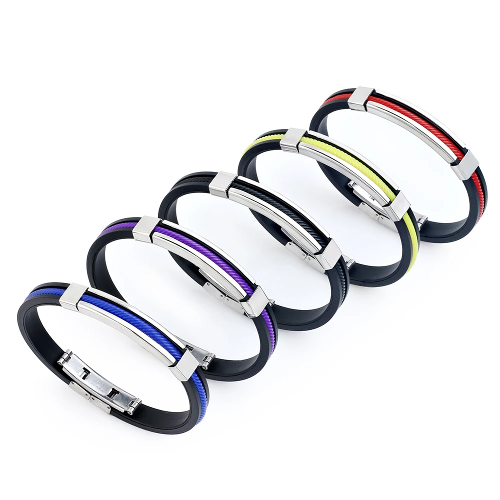 

2021 Fashion Jewelry Stainless Steel Colorful Silicone Bracelet Retro Titanium Steel Cuff Rubber Bracelet for Men And Women