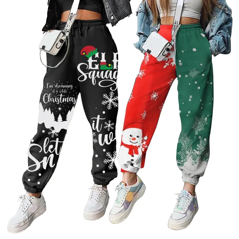 

Christmas Print Sweatpants Women Casual Joggers Trousers Thick Ankle-length Loose Elasticated Waist Sports Long Pants S-2XL