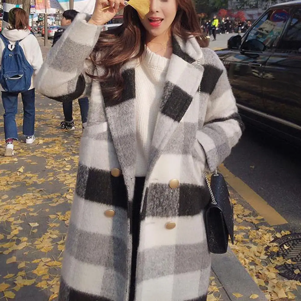 Женское кашемировое шерстяное пальто винтажное длинное в клетку с лацканами