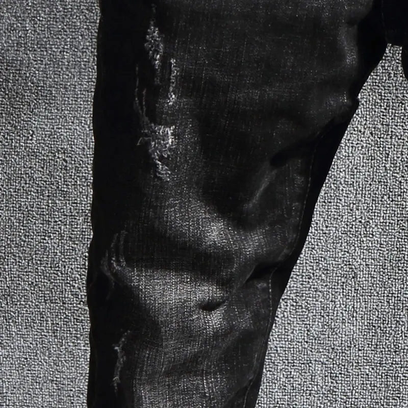 Korean Style Fashion Men Jeans Retro Black Elastic Slim Fit Ripped Jeans Men European Vintage Designer Casual Denim Pencil Pants