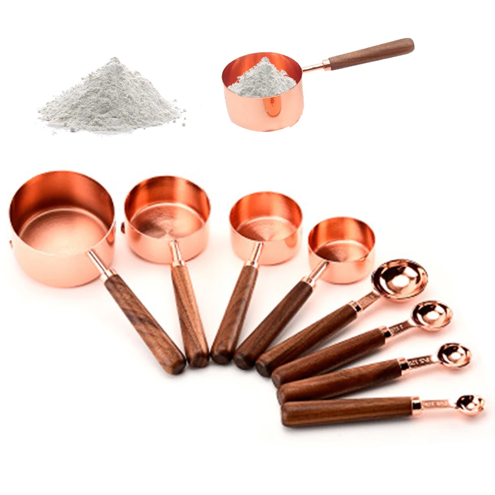 8-10pcs Rose Gold Measuring Cups Measuring Spoon Scoop Walnut Wooden Handle Kitchen Measuring Tool Plating Measuring Cups Spoon