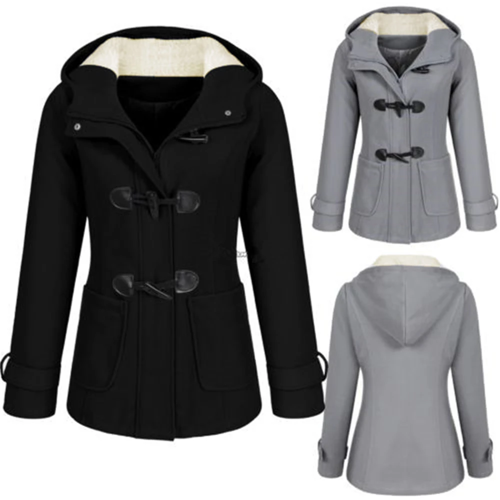 

Fashion Casual Winter Warm Slim Jackets Coat Outwear Fleece Hooded Horn Button Overcoat Autumn Women Pockets Long Elegant Coats