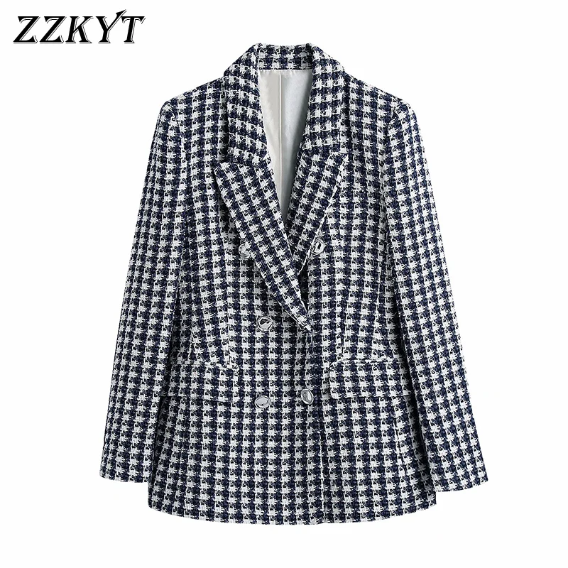 

2021 Women Fashion Double Breasted Plaid Tweed Blazers and Jackets Work Office Lady Suit Slim Business Female Blazer Coat