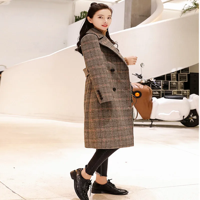 2019 весна осень Женское шерстяное клетчатое Пальто Новое Модное Длинное