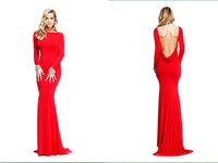 2016 evening dresses red bateau long sleeve sexy cowl backless sheath long sweep train beaded formal gown party dress