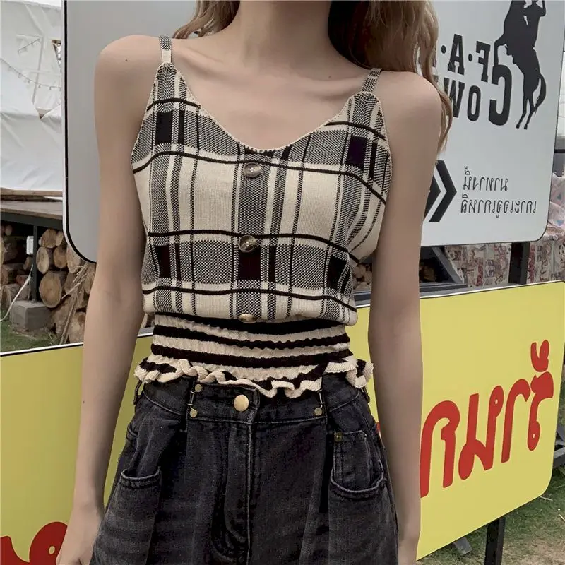 

Весна 2022 Новинка женский ретро облегающий клетчатый Короткий трикотажный жилет на бретельках с французской талией и V-образным вырезом Женская майка женская одежда