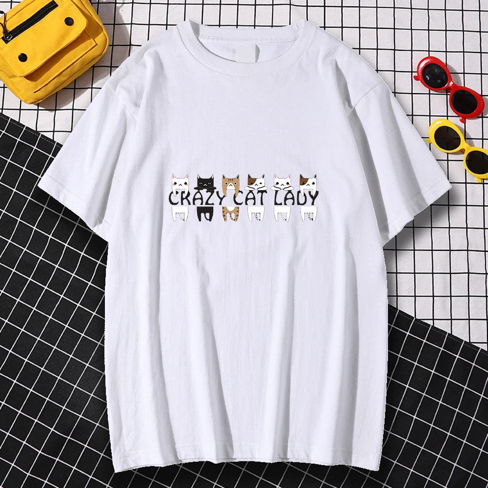 

Aesthetic Comfortable Top Fitted Cartoons Crazy Cat Lady Printed Men T-Shirt Clothes Oversize Tees Kohpweran Graphic Top