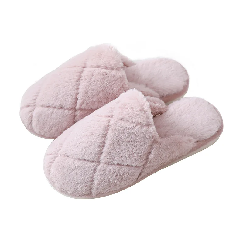 

Winter Plush Home Women Fur Slippers Rhombic Warm Flock Plush Ladies Flat Shoes Bedroom Couples House Furry Slippers Male