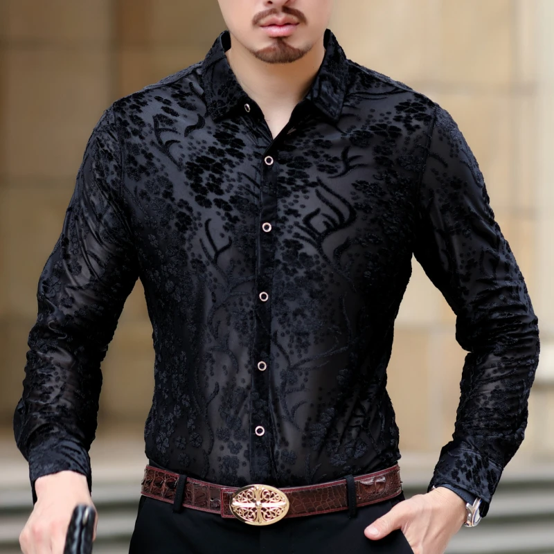 Мужская прозрачная рубашка осенние вечерние рубашки мужская сорочка футболка с длинными рукавами деловая повседневная сексуальная прозрачная рубашка темно-синяя