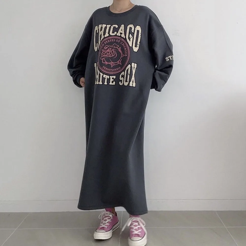 

Korean Fashion Womens Dress Letter Printing Solid Color Long Round Neck Long Sleeve Autumn 2021 Casual Pullover Hoodie Dress