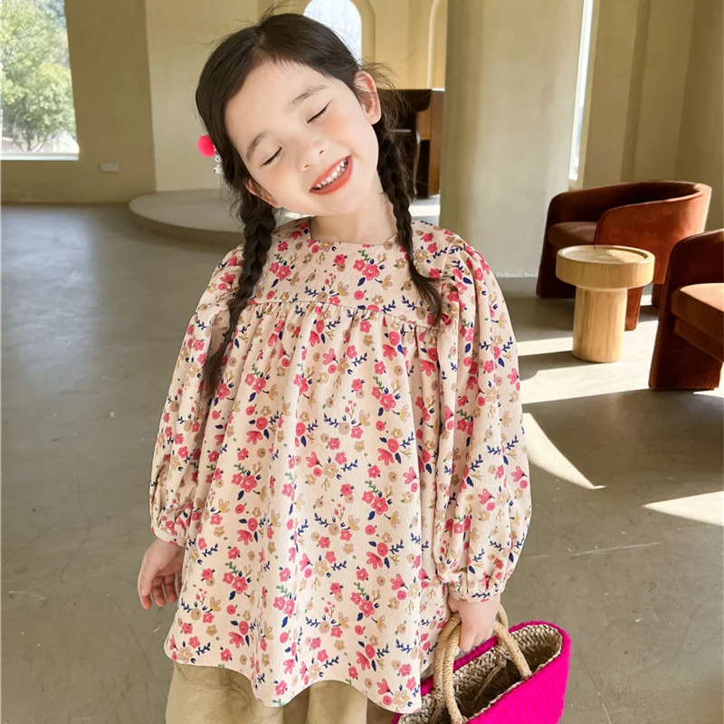 

New 2022 Spring Baby Girls Floral Printed Blouses Korean Style Child Kids Vintage Clothes Long Sleeve Tops Children Casual Shirt