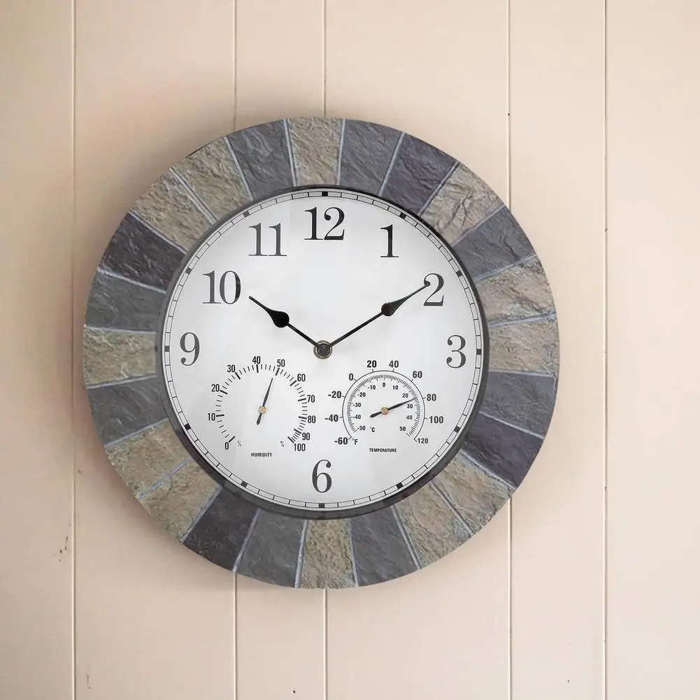 

14 Inches Round Wall Clock Resin Faux Slate Household Universal Clock With Thermometer Hygrometer Humidity Measure Weather Proof