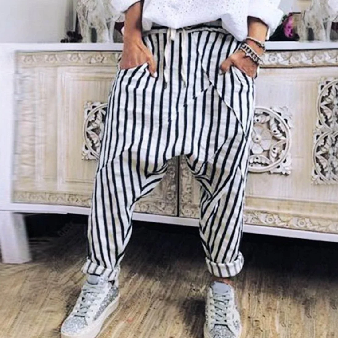 Брюки мужские полосатые в стиле пэчворк мешковатые штаны уличная одежда брюки на