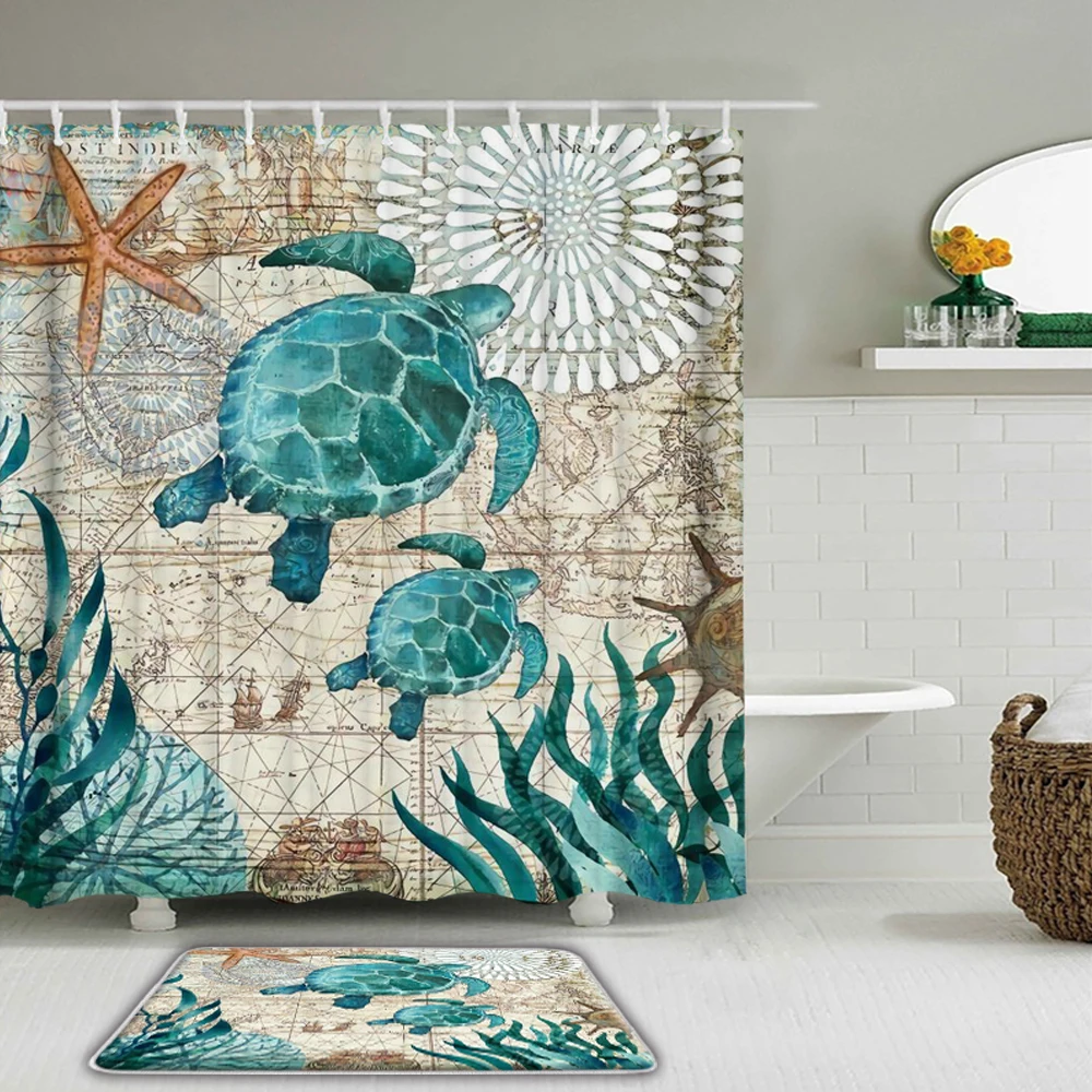 

2pcs/Set Ocean Sea Turtle Octopus Shower Curtains Mat Set Bathroom Waterproof Fabric + Non-slip Mat Toilet Bathroom Home Decor