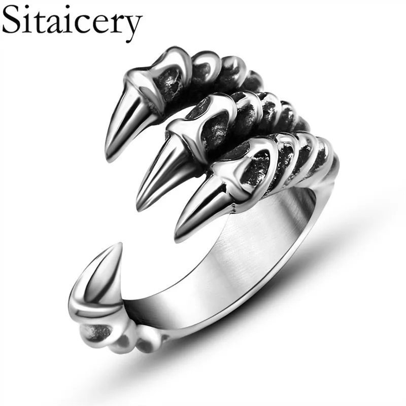 SILVER Sitaicery, ретро кольцо с когтями дракона, мужские Регулируемые кольца из нержавеющей стали, мужские ювелирные аксессуары в стиле панк, крутые мужские вечерние кольца, подарок - Цвет основного камня: SILVER