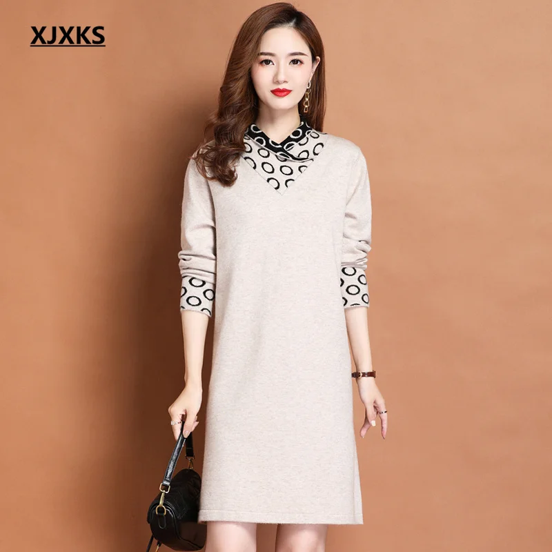 

XJXKS 2021 autumn winter new fashion scarf collar women long sweater high-end cashmere knitted dress