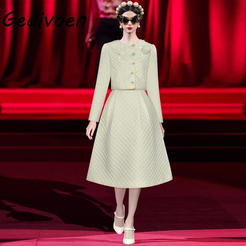 

Gedivoen Fashion Woman Autumn Winter Solid Elegant Half Skirt Suit O-Neck Pearl Diamond Jacket Coat + Mid-Calf Skirt 2-Piece Set
