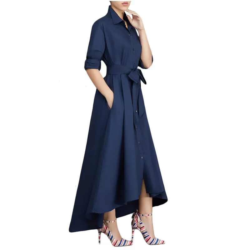 Осеннее женское платье с отложным воротником и длинным рукавом бантом на