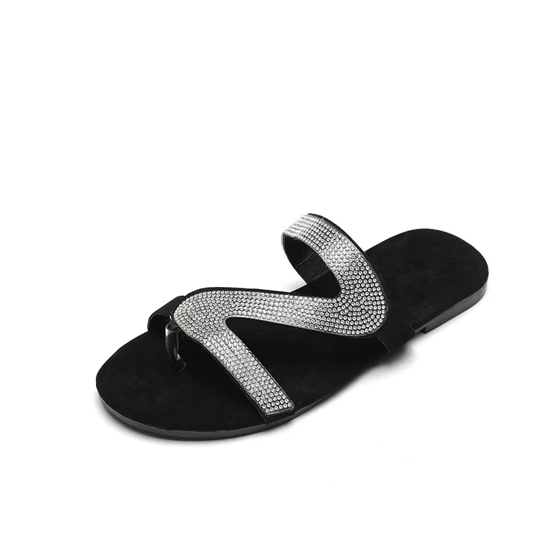 Сандалии женские с открытым носком босоножки кристаллами плоская подошва без