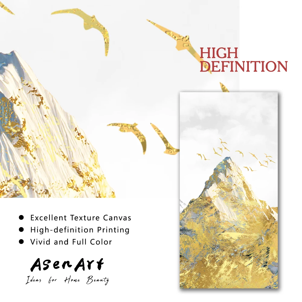 Abstract gold foil snowmountain Birds Wall art print on canvas Modern Painting Golden poster Pictures for Living Room Home Decor | Дом и сад