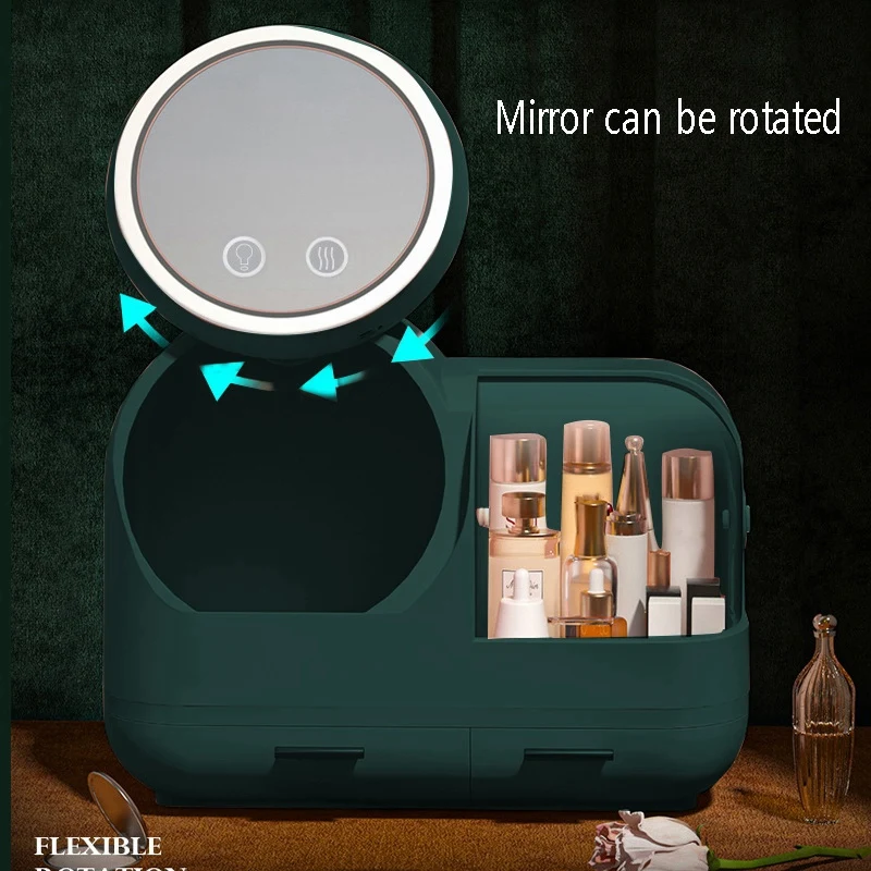 

Makeup Organizer Cosmetics Organizer Box with Led Mirror&Fan, Makeup Storage Box LED Makeup Mirror