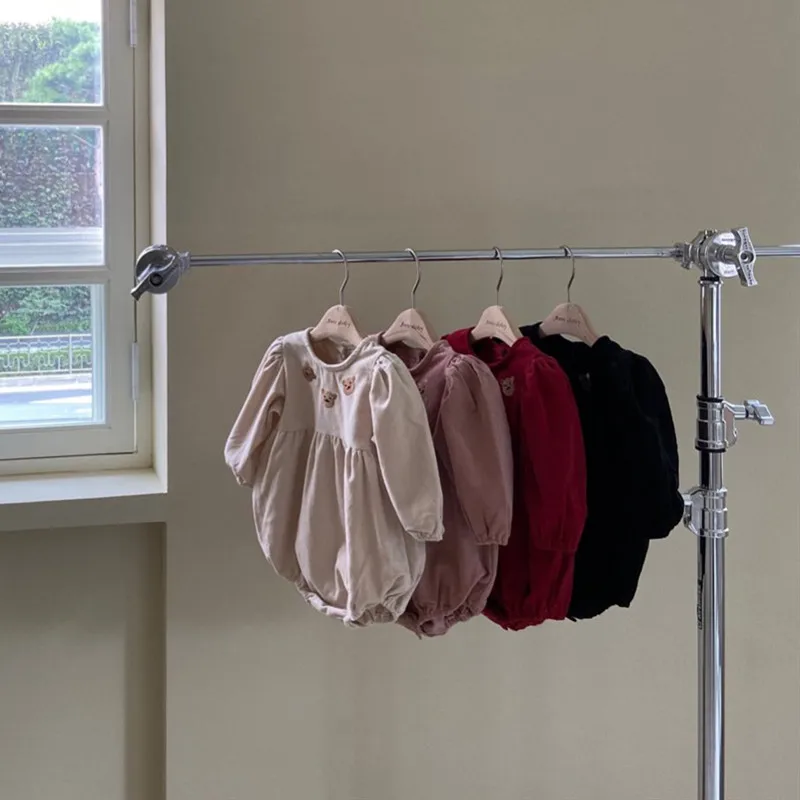 

2021 Spring Korean Style Baby Bear Embroidery Romper Newborn Infant Long Sleeves Vintage Jumpsuit Kids Clothes Girls Boys Romper