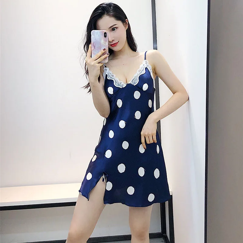 Женская ночная рубашка в горошек шелковое кружевное ночное белье лето 2019