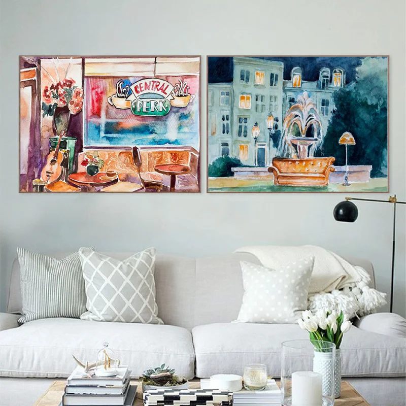 Wall Art с надписью ТВ шоу Friends (Fontain акварель печать плакатов 90S входной двери у