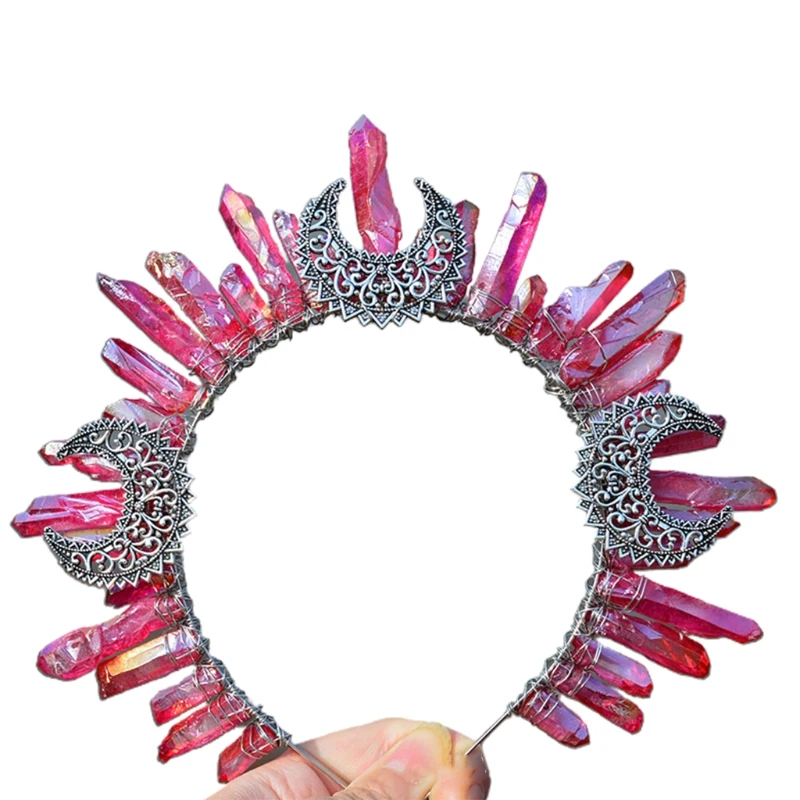 

Raw Crystal Quartz Jewelry Tiara Headband Retro Metal Moon Witch Wizard Crown Wedding Bridal Sun Goddess Headdress