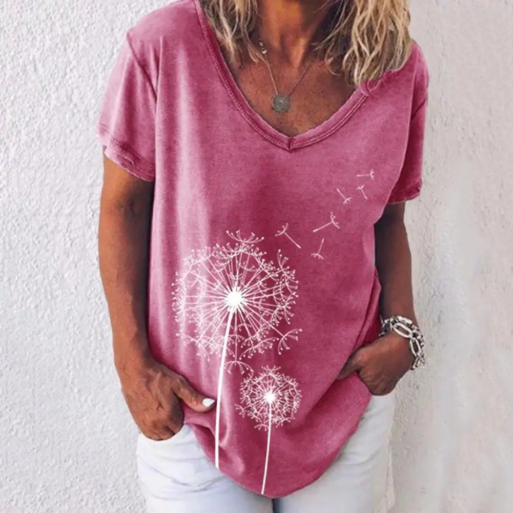 

Fashion Women Short Sleeve V Neck Dandelions Print Loose T-shirt Blouse Top