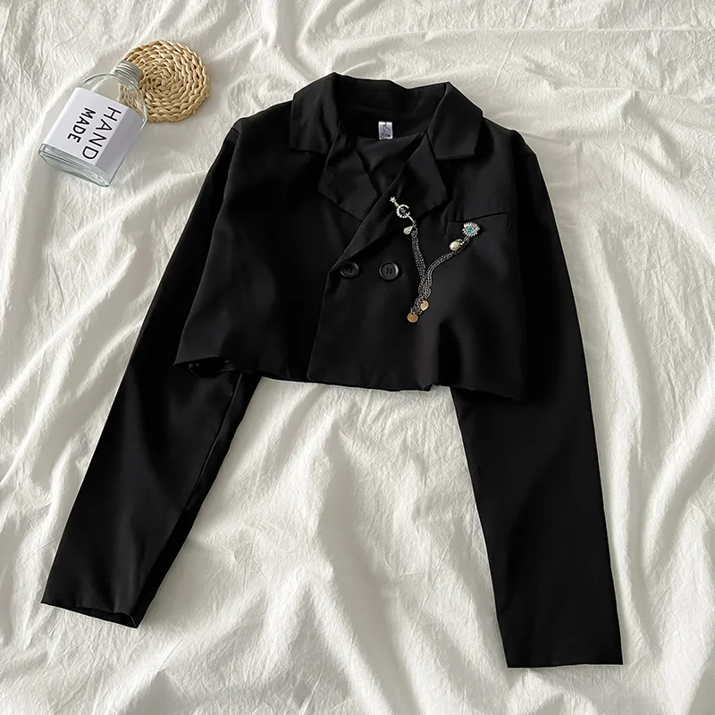 

Black Retro Aloofness Style Lapel Long Sleeve Shirt Female 2021 New Short Navel Suit Jacket Tops Tide