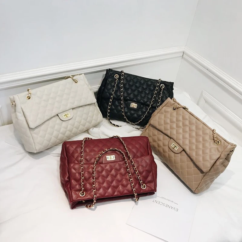 

Women Daily Fashion Chain Flap Large Volume Cross Body Handbag Diamond Check Designer Quilted Elegant Embroidery Shoulder Bag