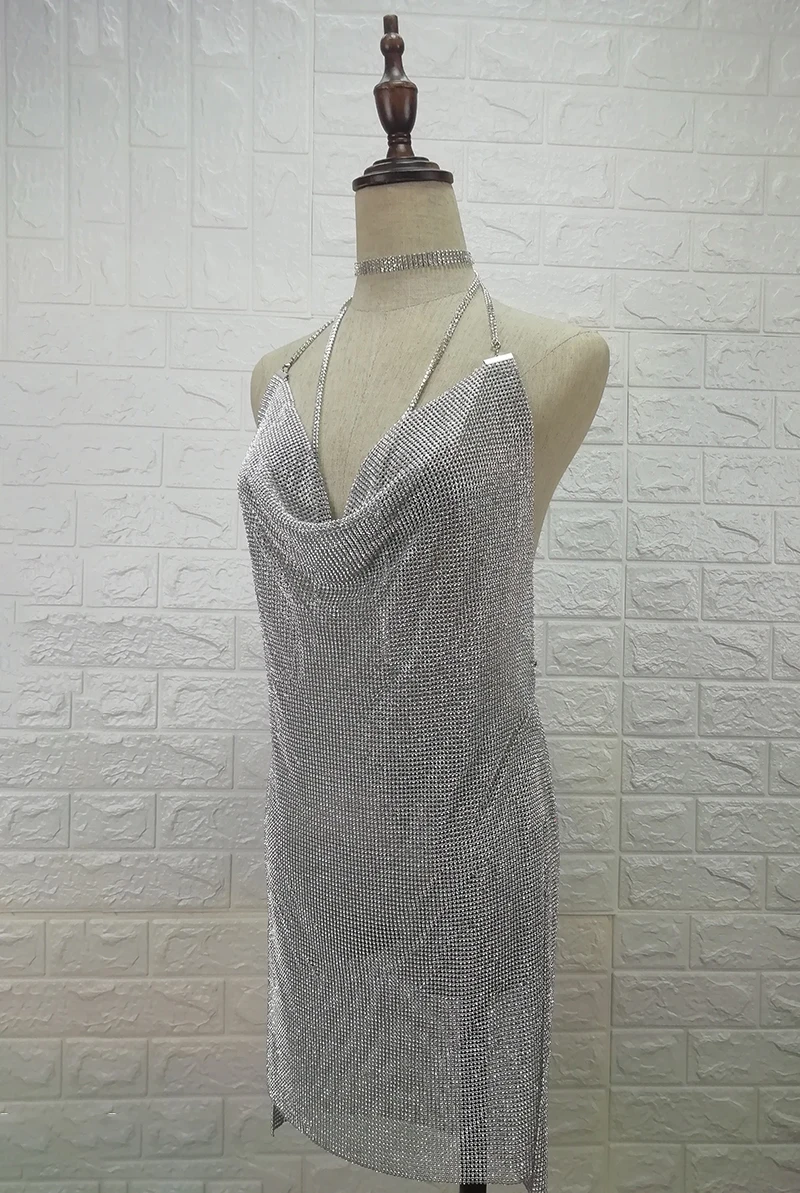 

2020 Crystal Metal Halter Shining Summer Women Dress Birthday party wear Night club diamond Dress Sequin Mini Sexy Dresses