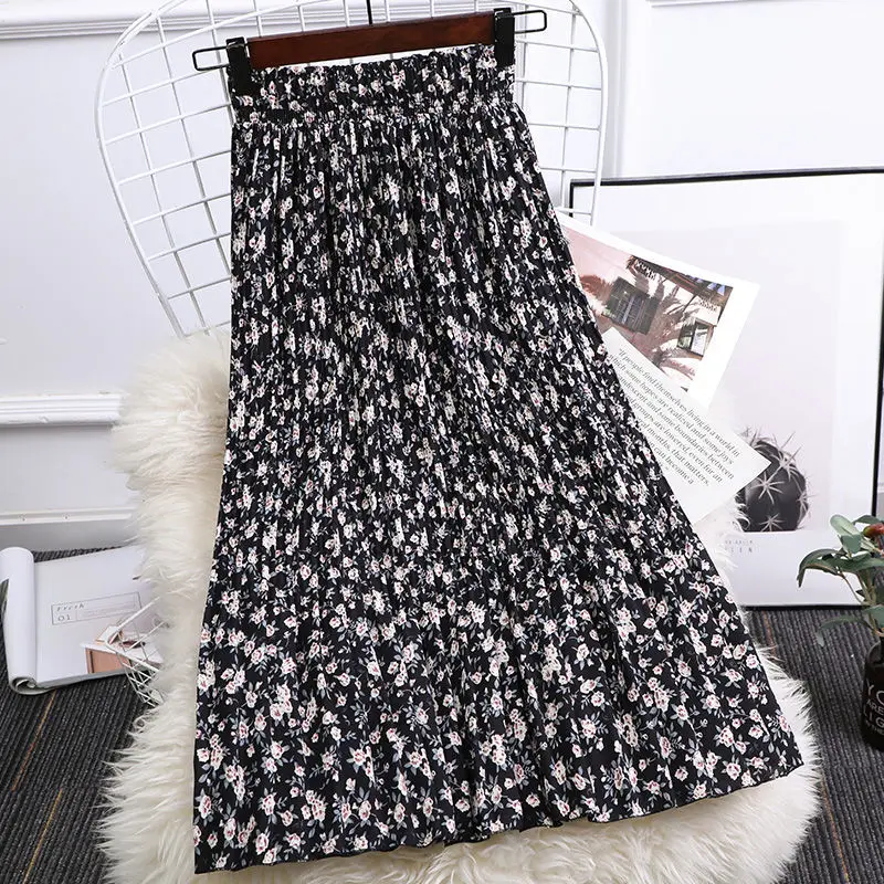 

Women's 2021 Summer Floral Print Casual Midi Skirt Women Chiffon Pleated Skirt Elastic High Waist Mid-Calf Length Skirts L634