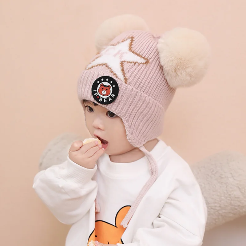 

2020 Cute Knitted Pompom Baby Hat Cap Thick Warm Baby Girl Boy Hat Beanie Winter Ear Warm Kids Hat Baby Bonnet Muts For Newborn