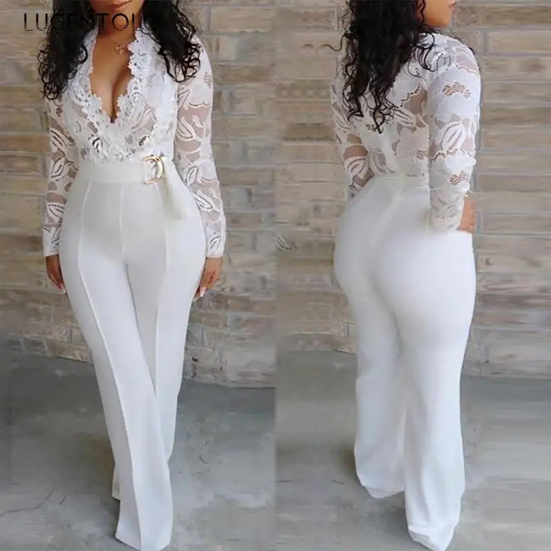 

Lugentolo White Jumpsuit Women Lace Stitching Long Sleeve V-neck Plus Size Wide Leg Long Pants Office Lady Jumpsuits for Women