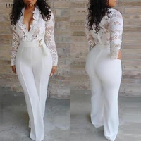lugentolo white jumpsuit women lace stitching long sleeve v neck plus size wide leg long pants office lady jumpsuits for women