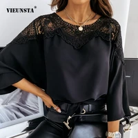 casual women batwing sleeve solid blouse elegant spring lace crochet hollow out shirts office ladies o neck pullover tops blusas