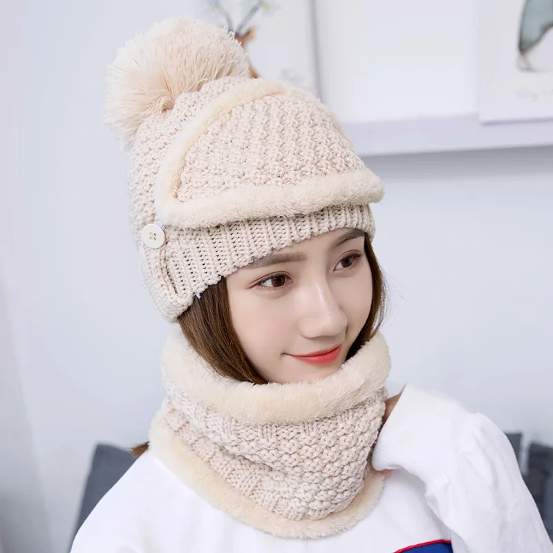 

Women Knitted Beanie Hat Scarf Face Mask Set Snood Head Neck Warmer Winter Pompom Cap Windproof Thicken Warm Caps Scarf Suit