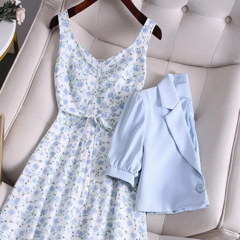 

2021 Women Spring Summer Vintage Suit Lady Short Blazer Print V Neck Strap Pleated Dress 2 Piece Set Female Casual Chic Set G779