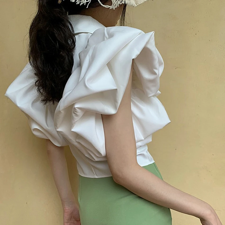 

Elegant Bubble Short-Sleeved Shirt Women Lapel Tight Shirt Top Female 2020 Summer Fashion New Clothing Tide
