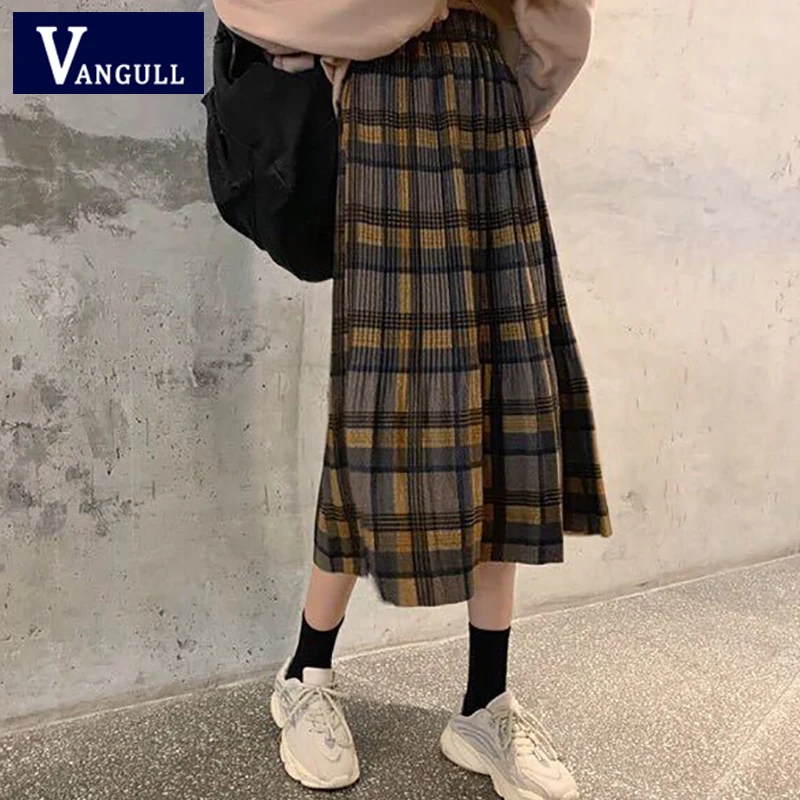 

Vangull на резинке с завышенной талией клетчатая юбка для женщин в Корейском стиле Демисезонный новый тонкий плиссированная юбка средней Длин...