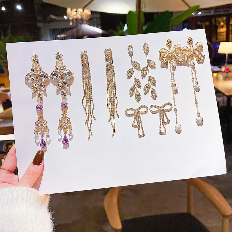 

Wholesale Sterling Silver Pin Geometric Diamond Long Fringe Earrings Female Zircon Studs Earrings Jewelry Gift