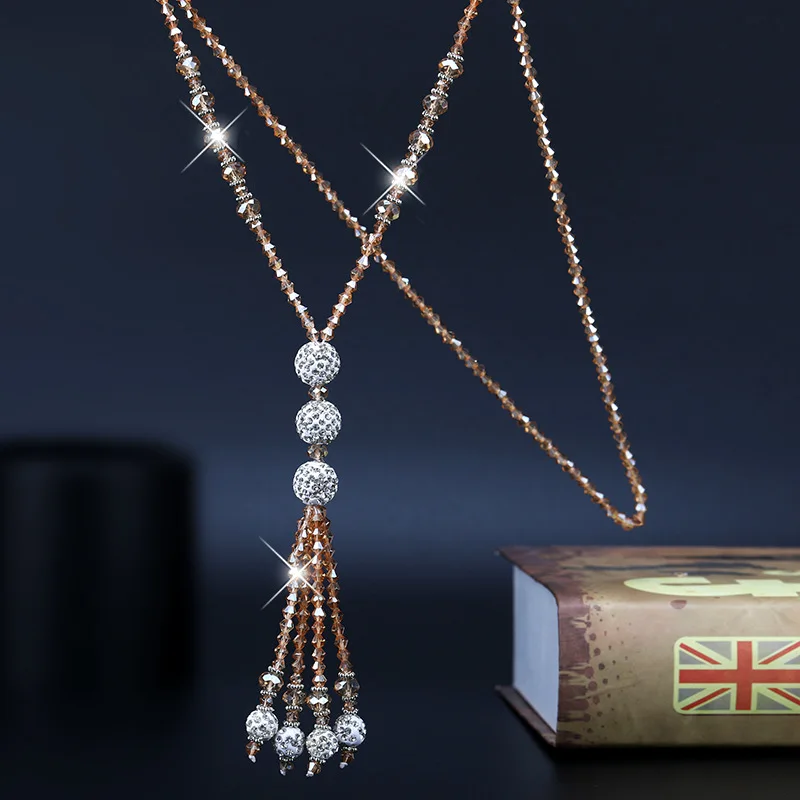 Длинное ожерелье в японском и корейском стиле с блестящими хрустальными